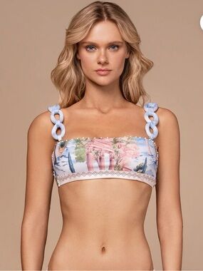 Scenic Print Bandeau Bikini Top with Chain-Link Straps - Light Blue